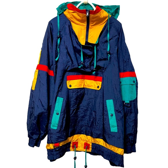 Venezia Other - VTG 90s JACKET COLOR BLOCK CARGO WINDBREAKER COAT NAVY BLUE GOLD TEAL RED HOODIE